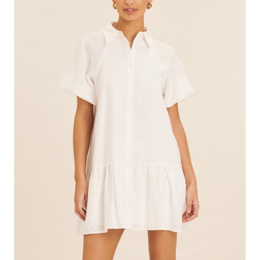 AERE Puff Sleeve Linen Mini Dress Womens 12 Drop Waist Button Up White